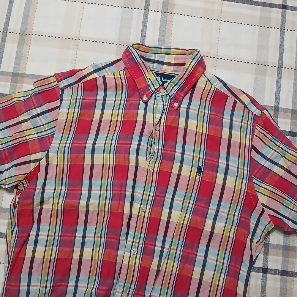 Polo Ralph Lauren Shirt Mens M Multicolor Plaid Madras Linen Blend Short Sleeve